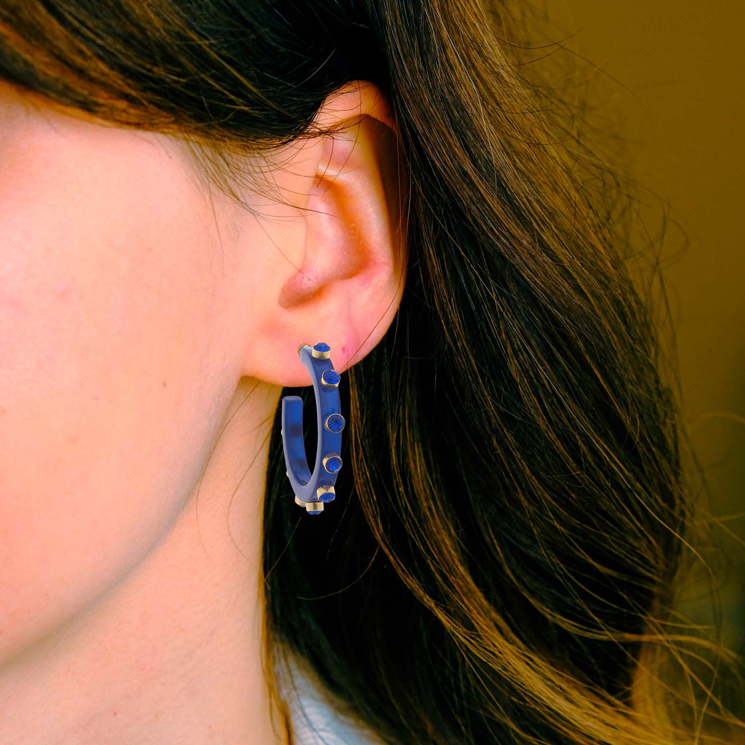 Navy Translucent Resin Hoop Earrings With Sapphire Crystal Accents
