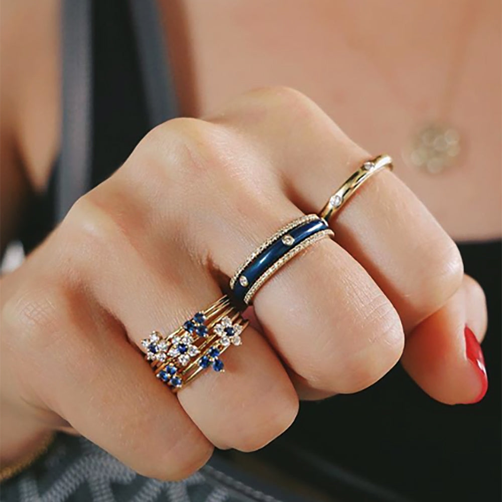 Gold Diamond Navy Enamel Stacked Ring