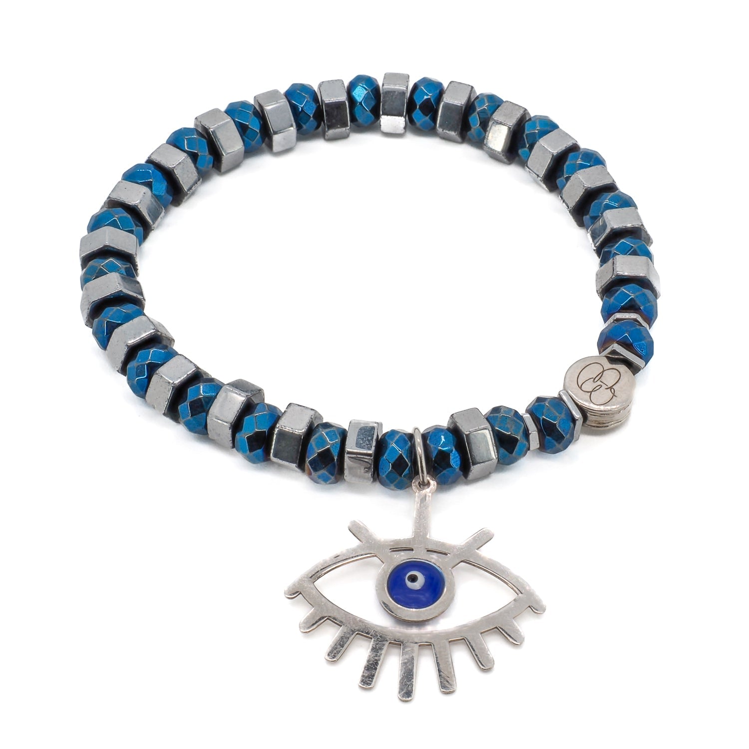 Sterling Silver Evil Eye Hematite Beaded Bracelet - Blue