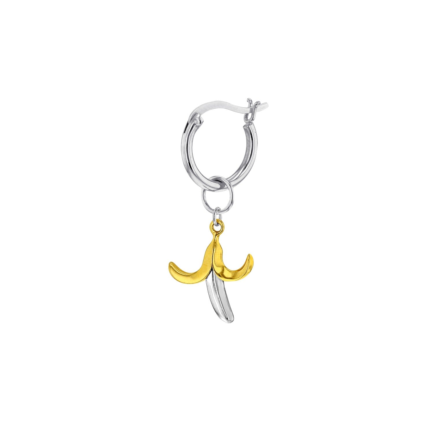 2 Tone 18Kt Gold Plated & Sterling Silver Mini Banana Charm On Silver Hoop