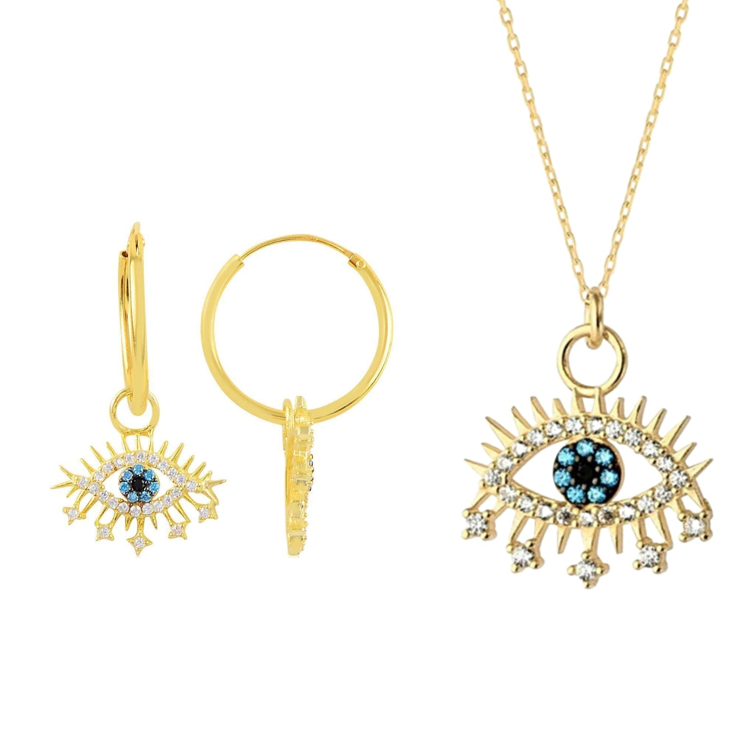Evil Eye Earring Blue Eye Sterling Silver Pendant Eyelash Necklace & Earring Set - Gold