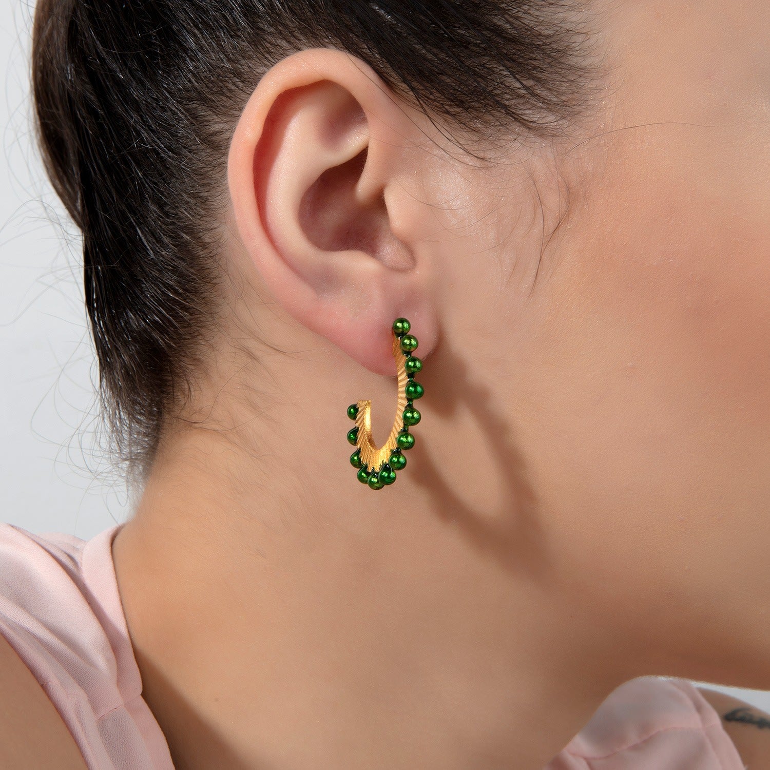 Green Oval Hoop Earrings