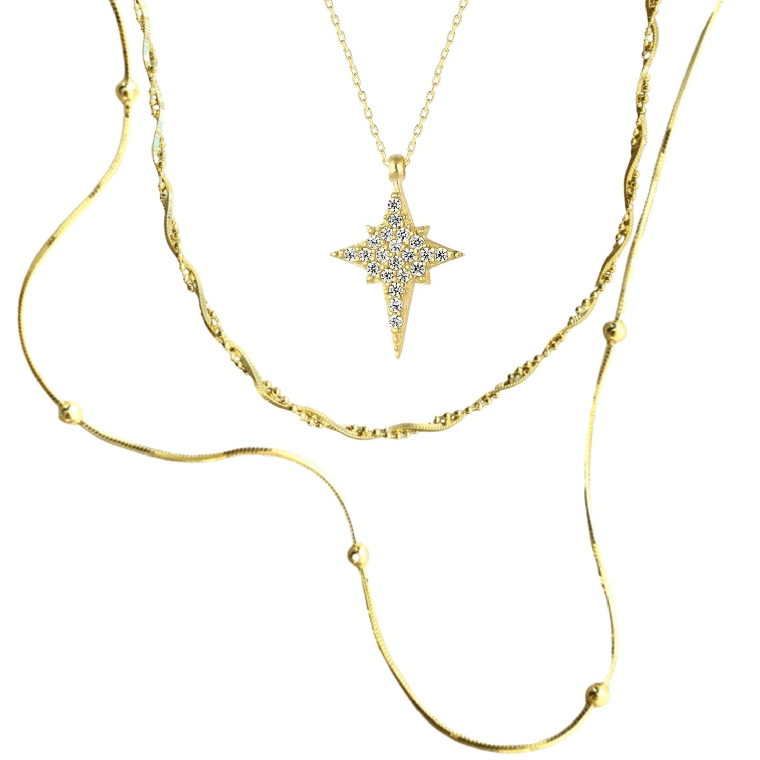 Necklace Layering Set Beaded Twisted And Northern Starburst Star - Gold