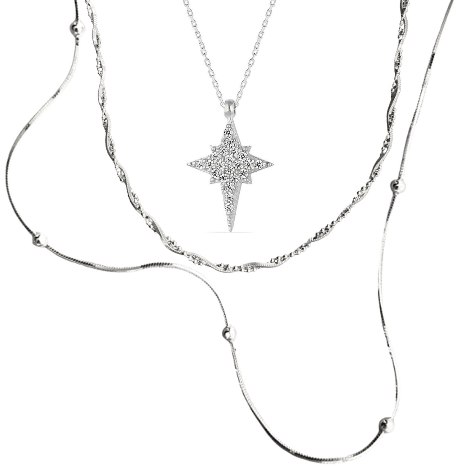 Necklace Layering Set Beaded Twisted And Northern Starburst Star - Silver