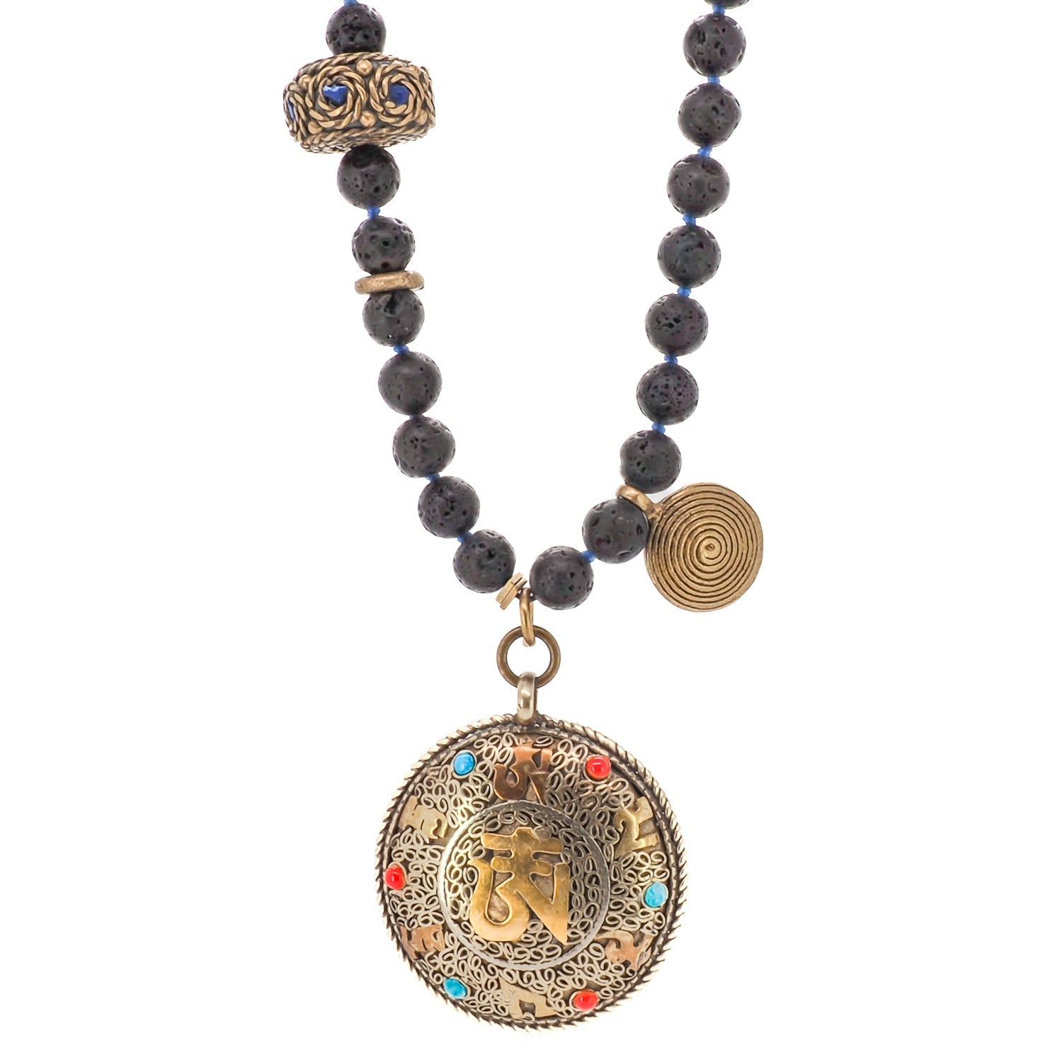 Nepal Gold & Gemstone Mantra Pendant Black Beaded Spiritual Necklace - Black