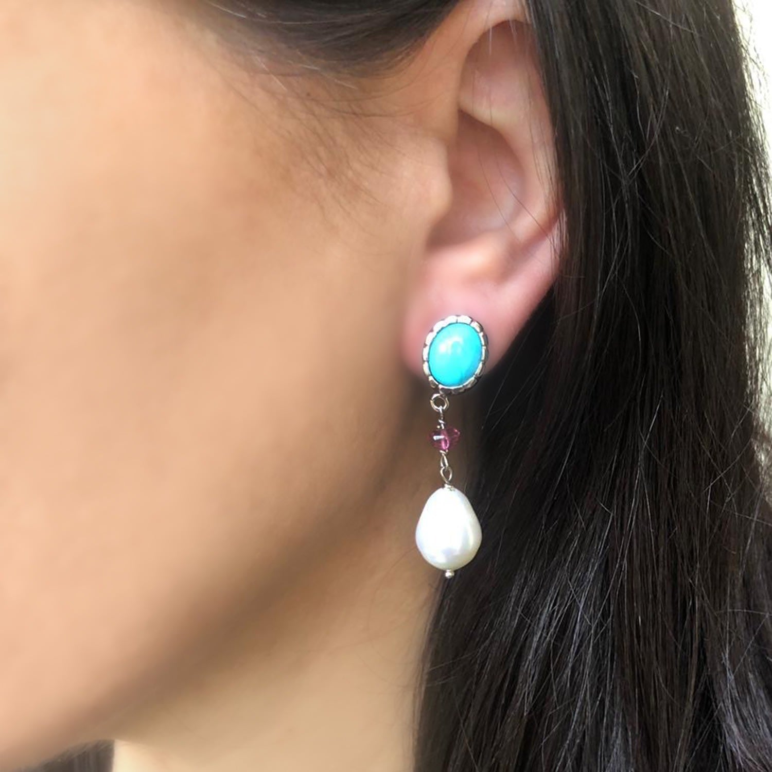 Turquoise, Pink Quartz & Pearl Drop Earrings