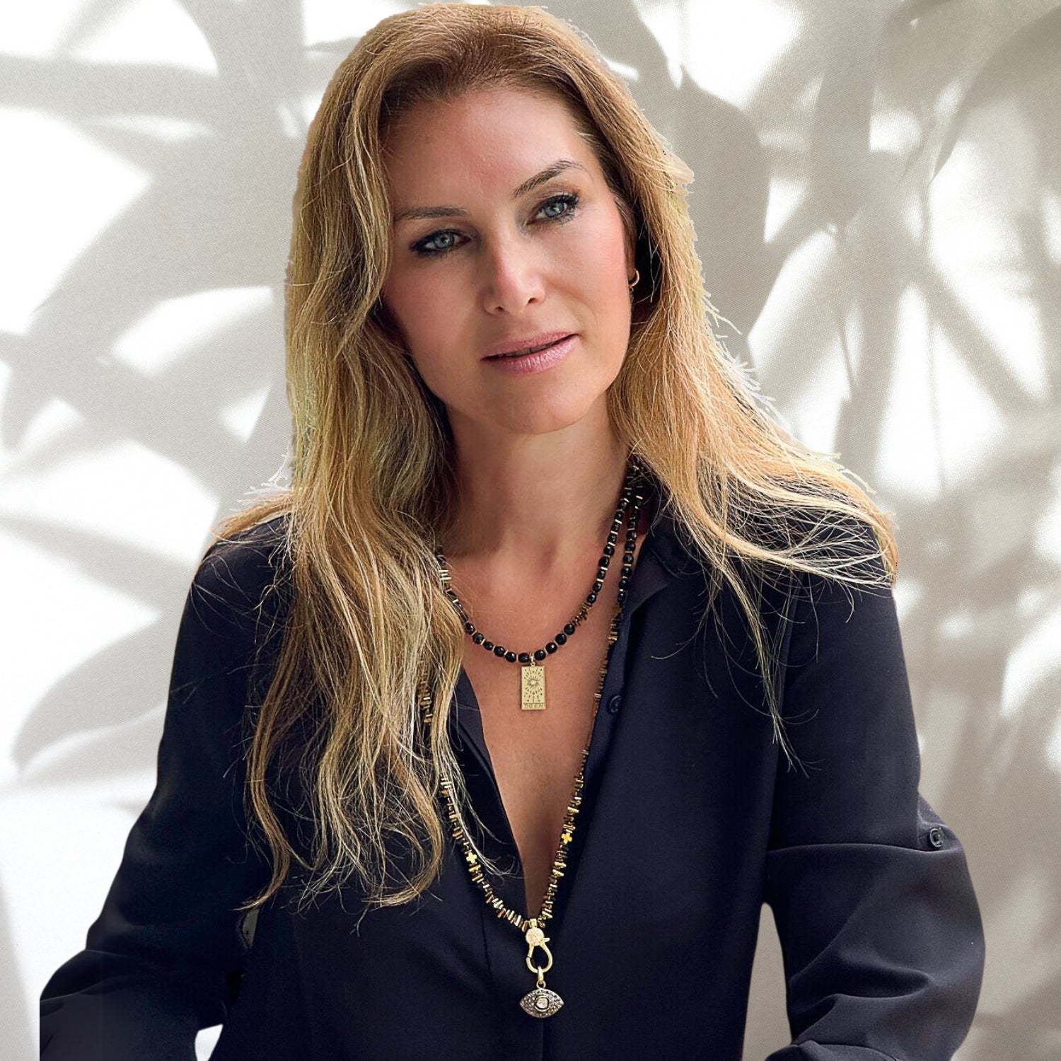 Gold Tarot Sun Cord Pendant Black Onyx Stone Beaded Necklace