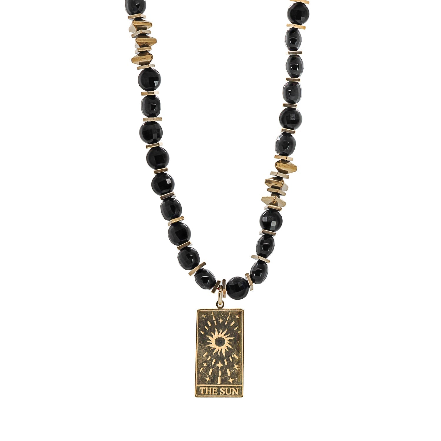 Gold Tarot Sun Cord Pendant Black Onyx Stone Beaded Necklace