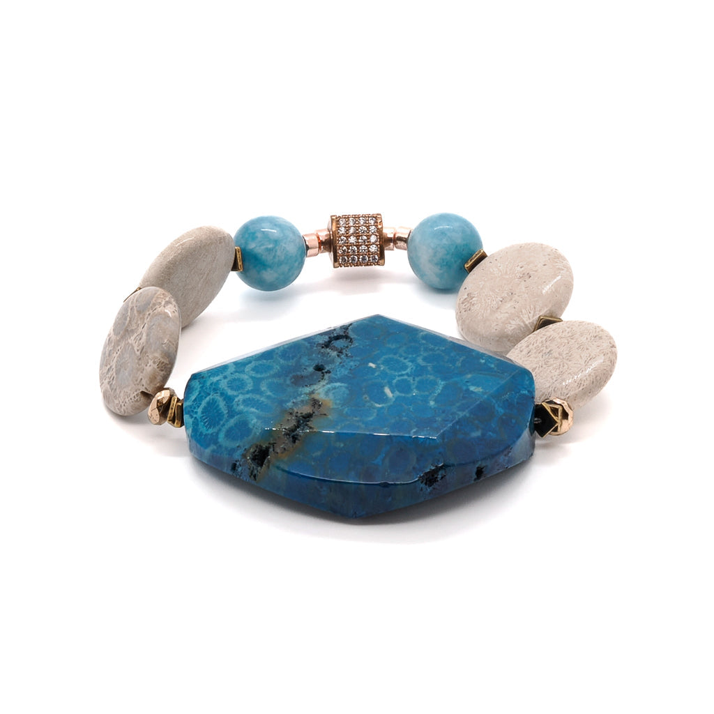 Natural Chunky Blue Agate Stone Jasper Beaded Bracelet - Blue