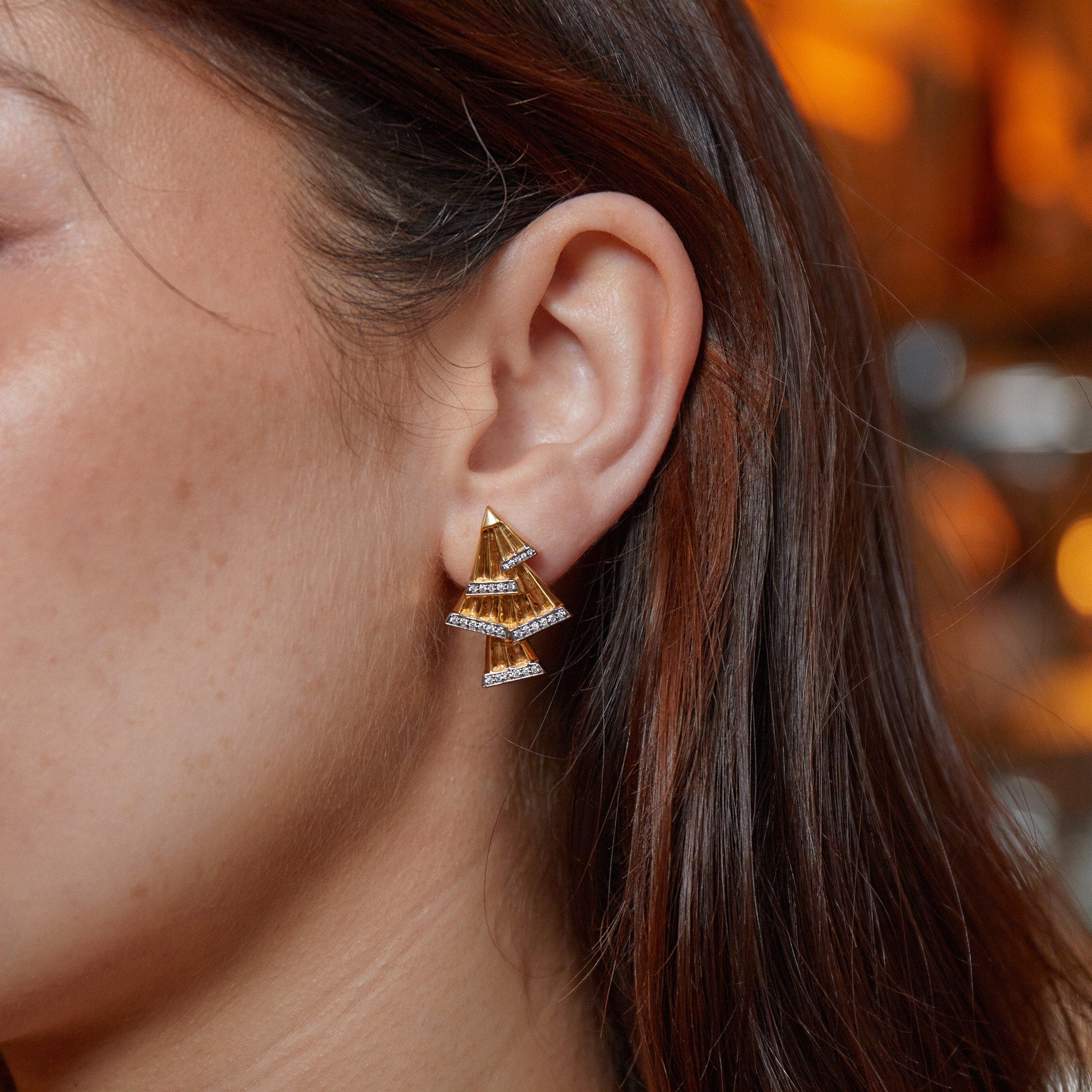 Art Deco Fan Diamond Gold Earrings