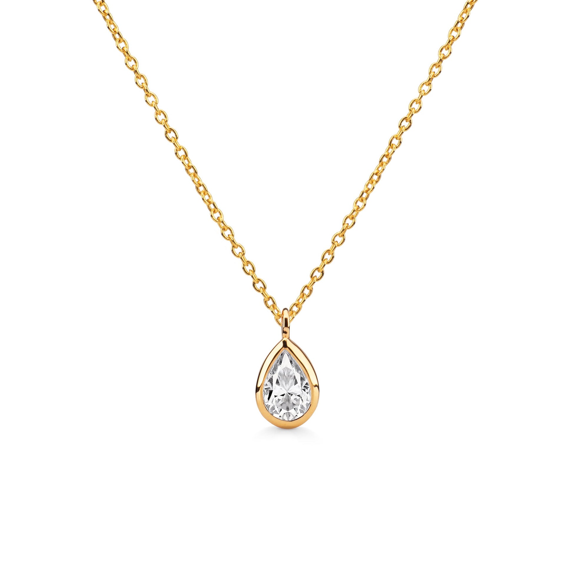 Delicate Pear Shaped Gold Diamond Necklace Bezel Set