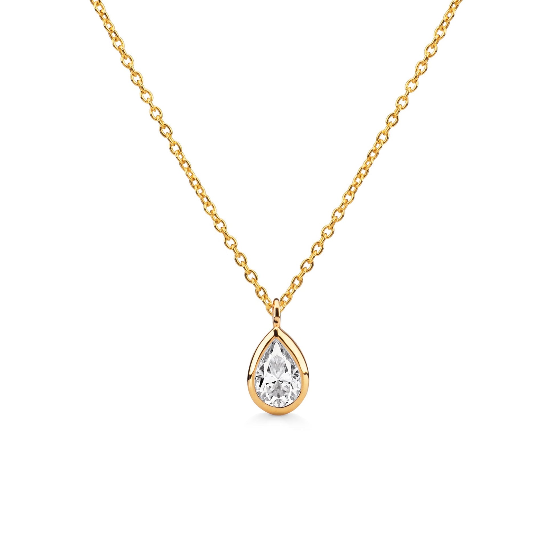 Delicate Pear Shaped Gold Diamond Necklace Bezel Set
