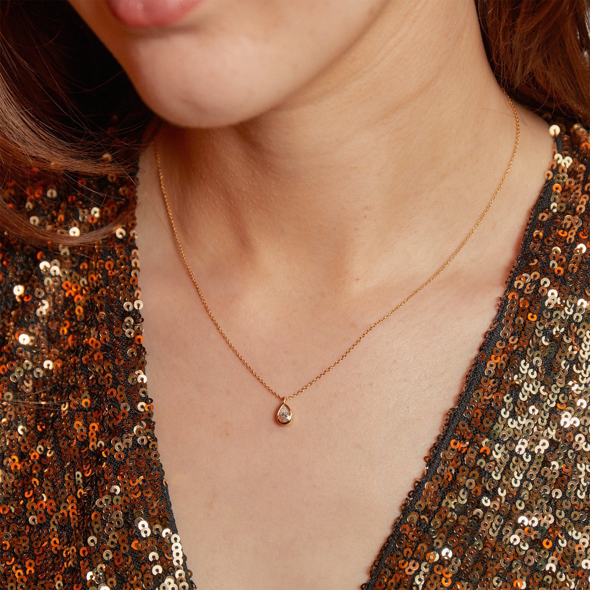 Delicate Pear Shaped Gold Diamond Necklace Bezel Set