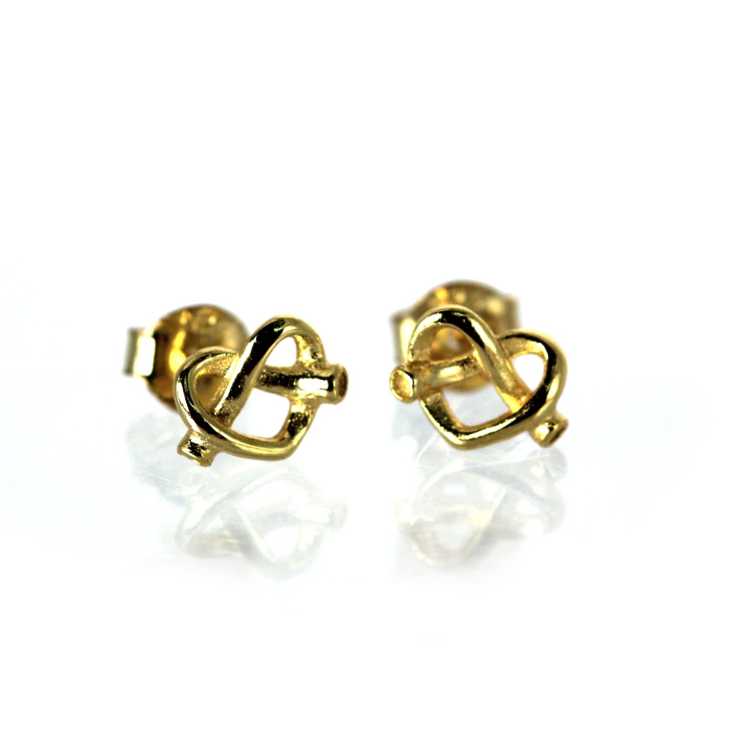 14K New York Pretzel Heart Stud Yellow Solid Gold Earrings