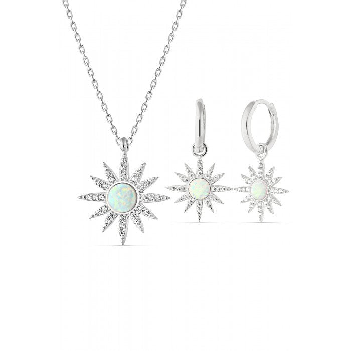 White Opal Sun Sterling Silver Necklace & Earring Set - Silver