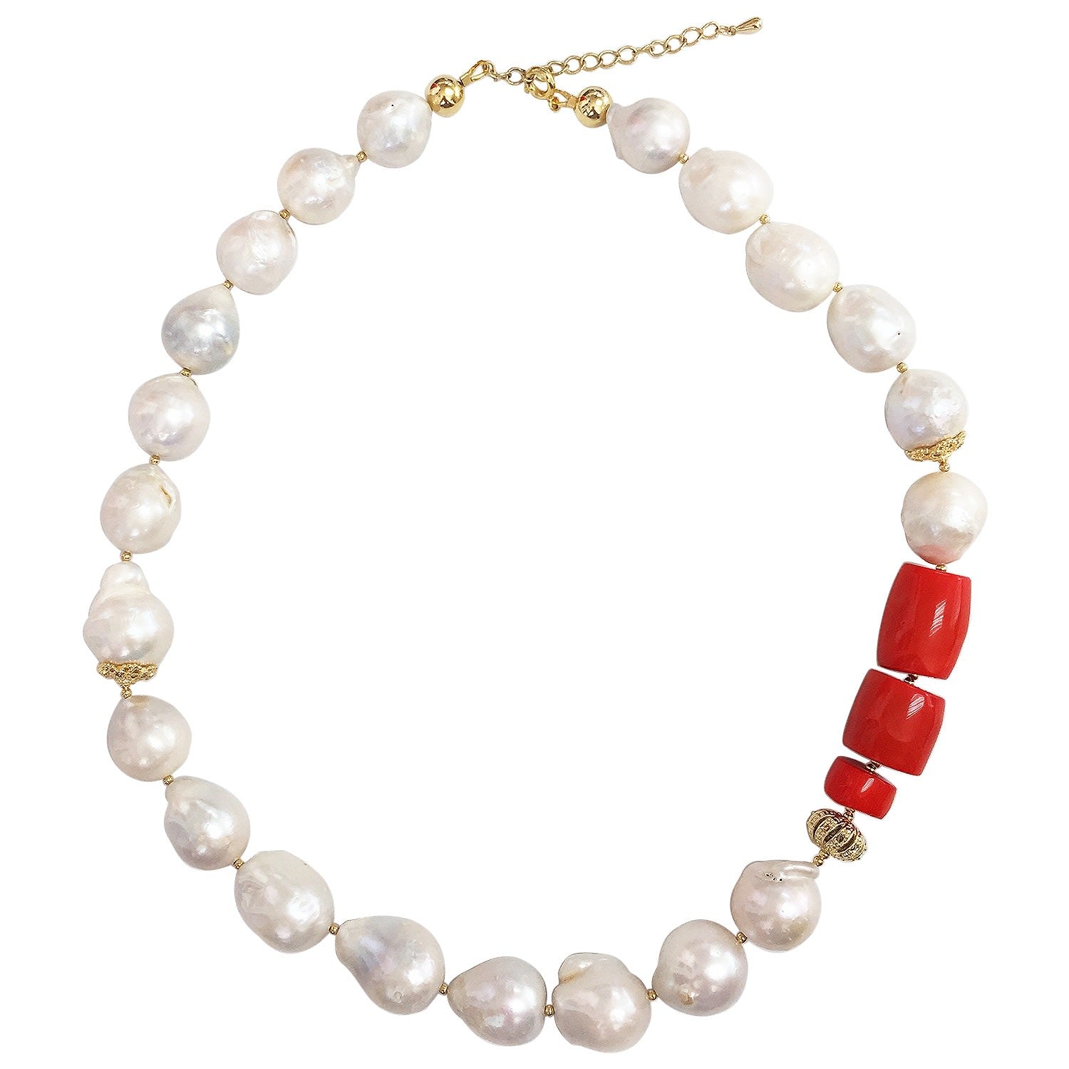 Nugget Baroque Freshwater Pearls With Red Coral Choker