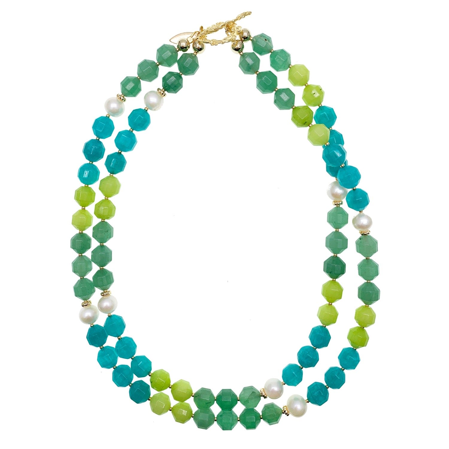 Double Strands Green & Blue Mixed Colors With Pearls Necklace