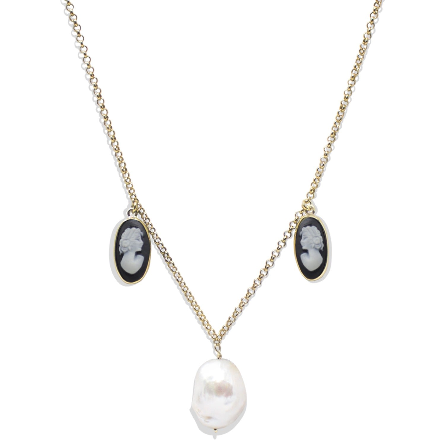 Medea Gold-Plated Black Cameo And Pearl Necklace