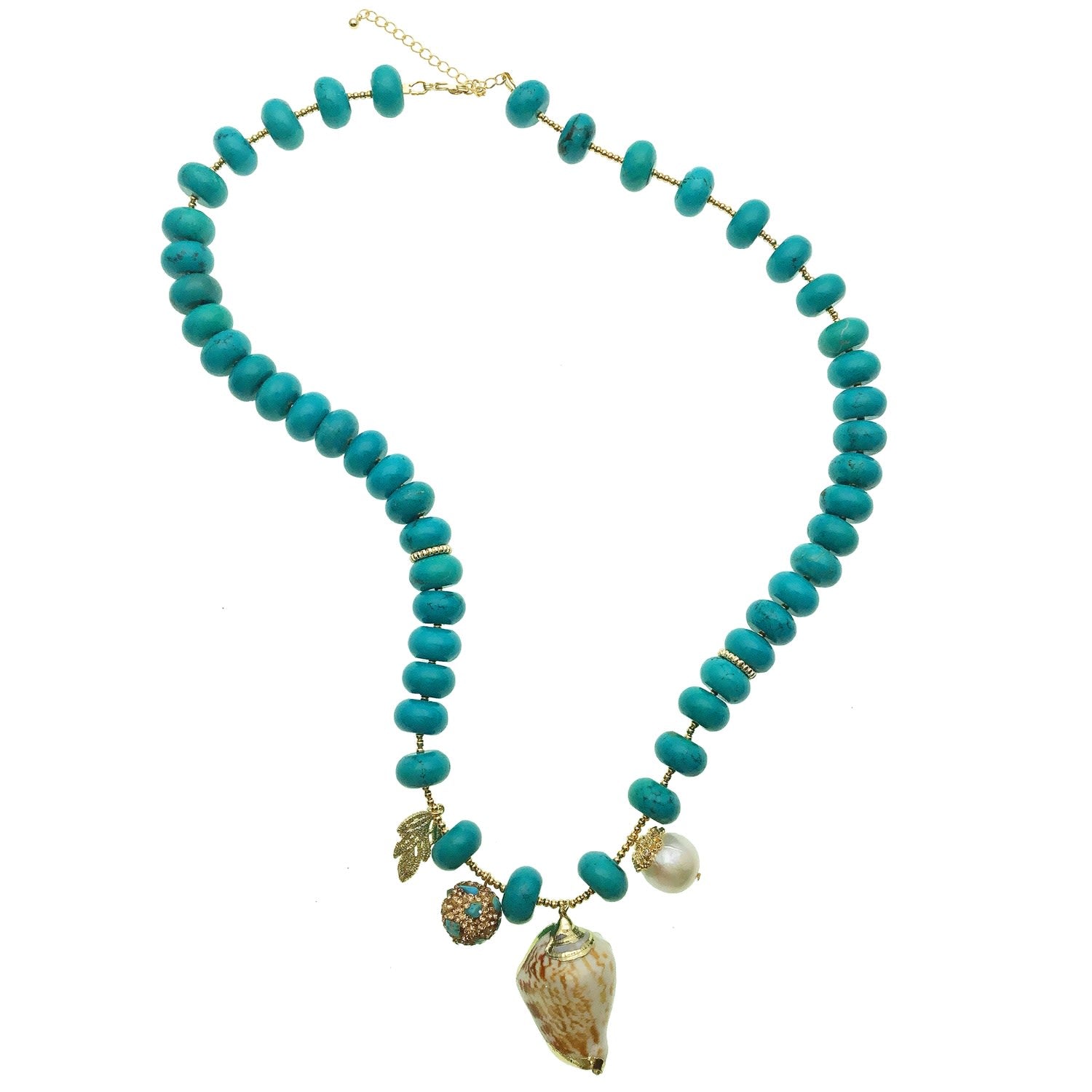 Turquoise Seashell &Freshwater Pearl Charms Necklace
