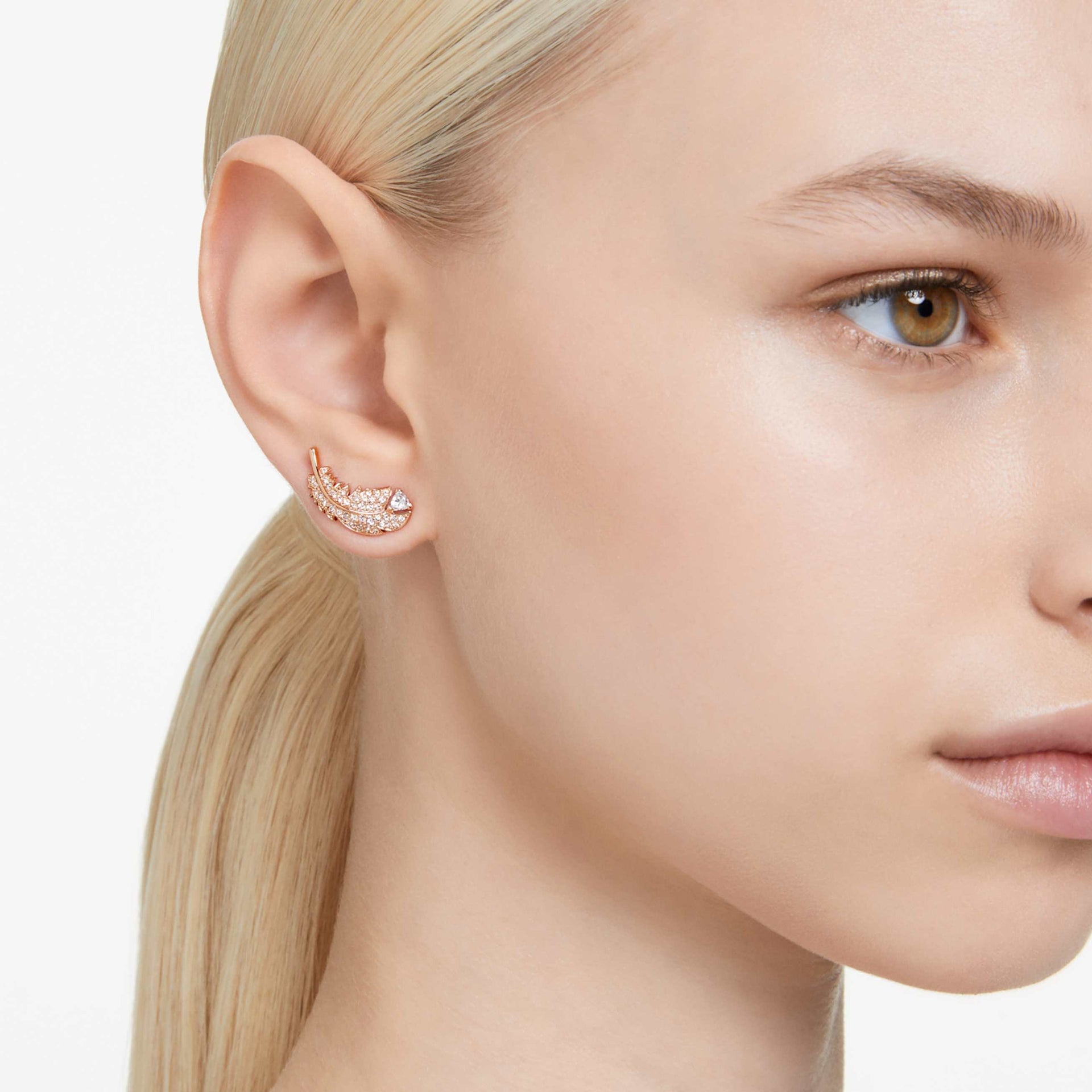 NICE STUD EARRINGS FEATHER WHITE ROSE GOLD TONE PLATED