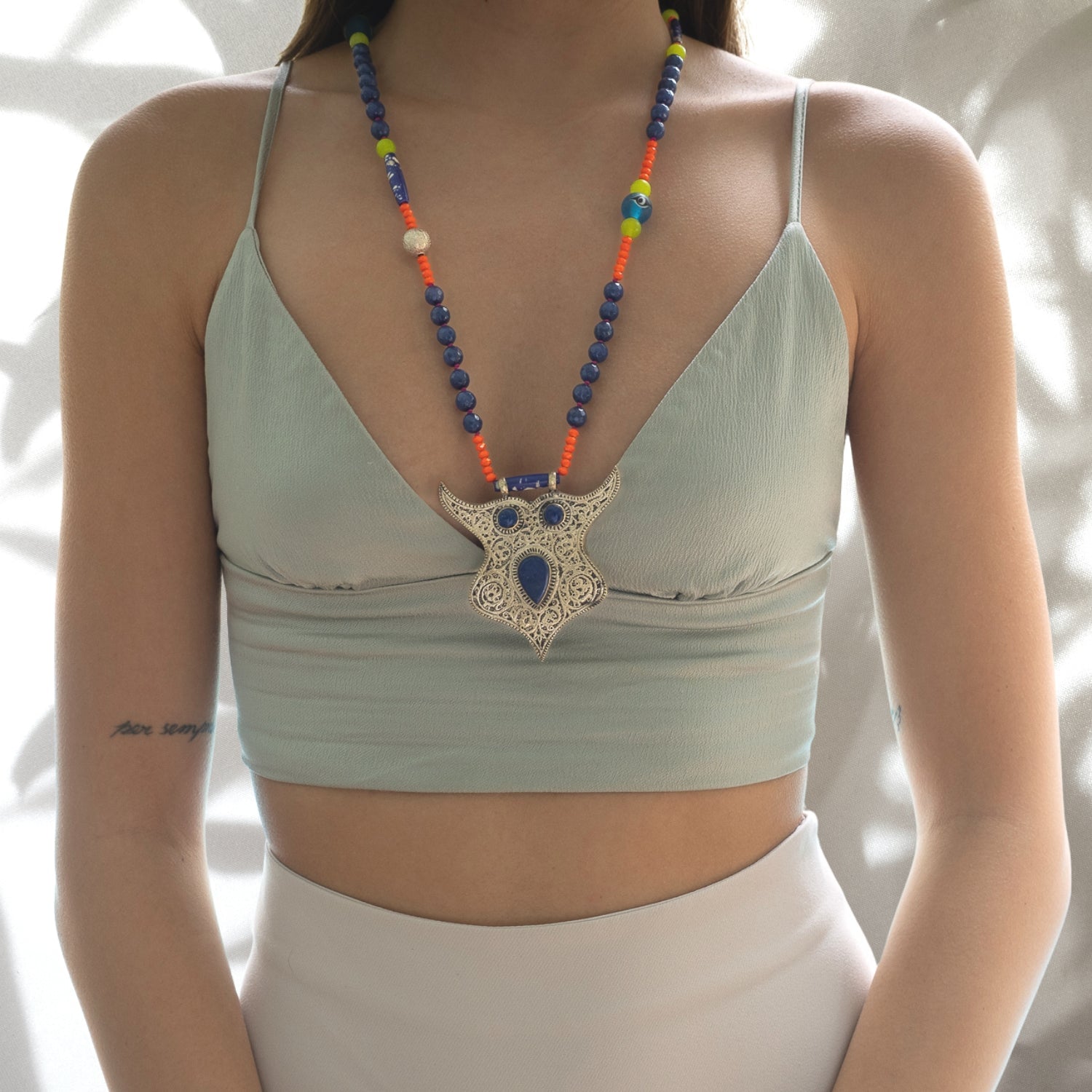 Spirit Animal Silver & Lapis Lazuli Stone Owl Pendant Unique Beaded Necklace - Blue