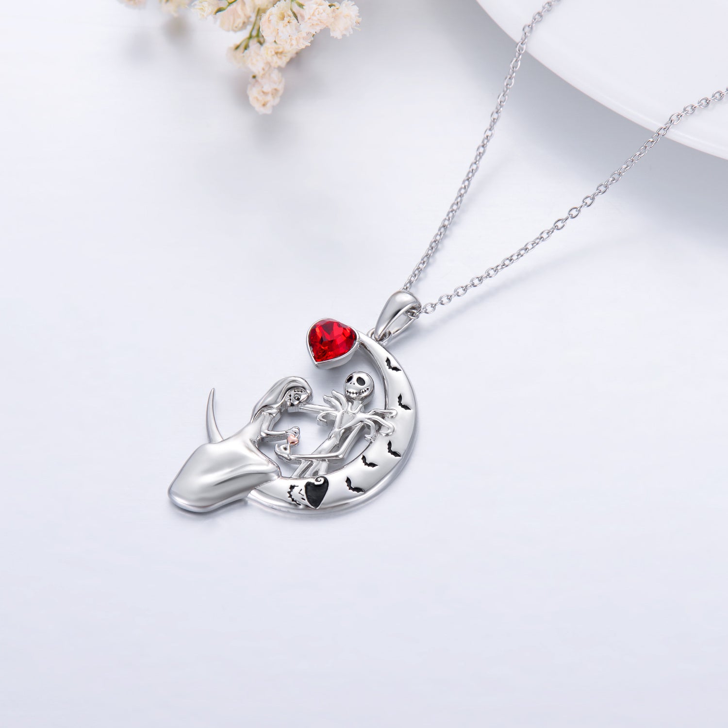 Sterling Silver Heart Cubic Zirconia Heart Moon Skeleton Pendant Necklace