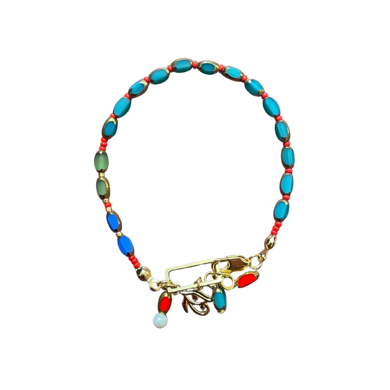 Nile Blue – Handcrafted Egyptian-Inspired Beaded Bracelet With Eye Of Horus Charm & Pearl Accent
