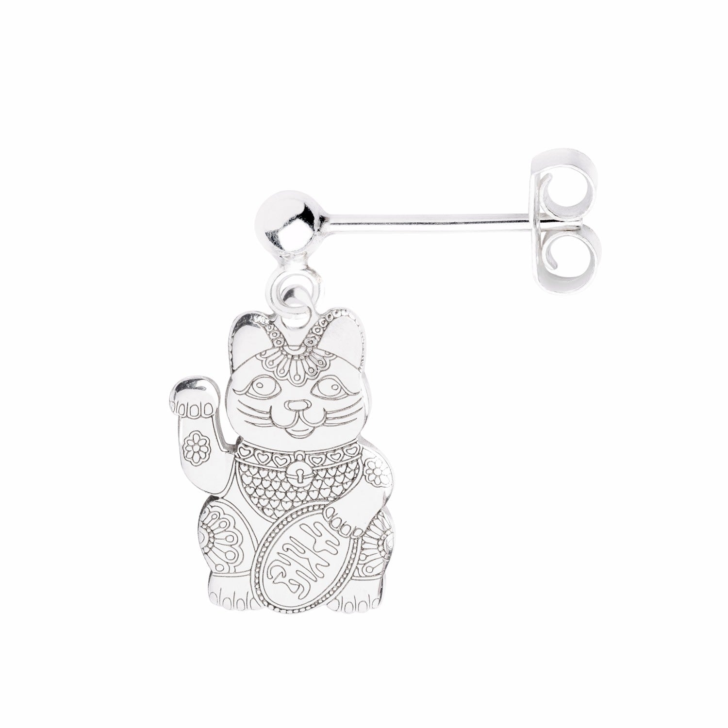 Silver Lucky Cat Single Short Drop Earring