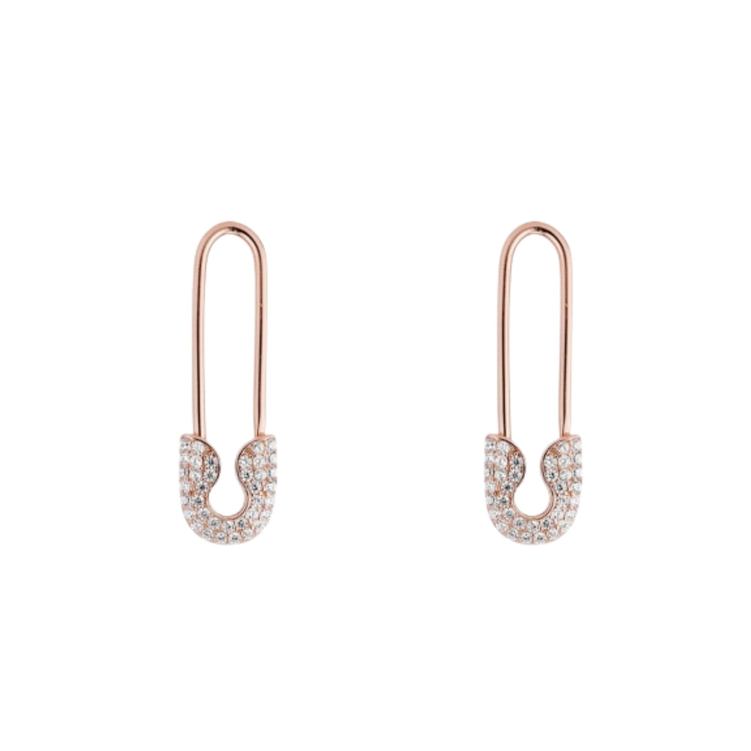 Pave Safety Pin Earrings Jewelled Sterling Silver - Rose Gold