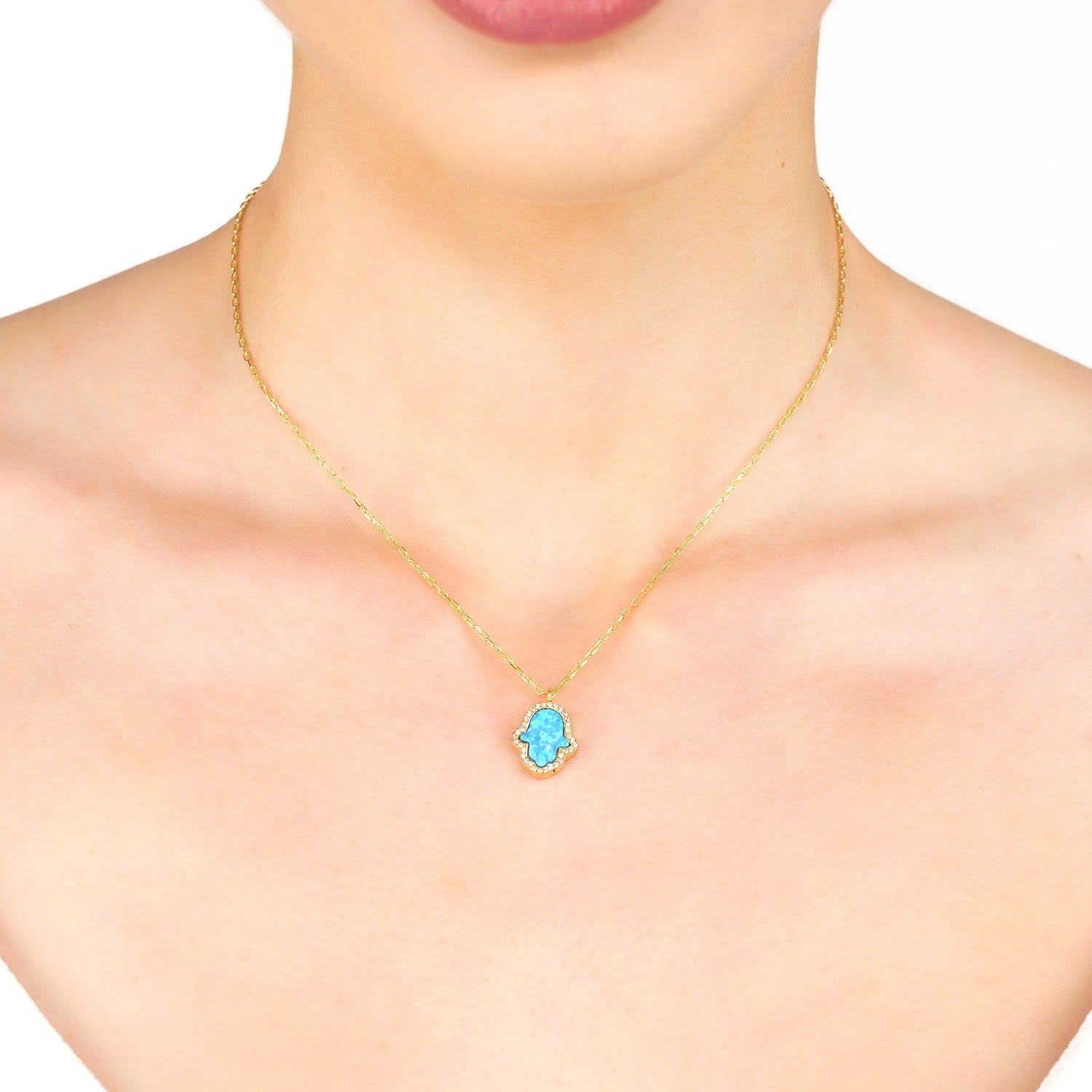 Hamsa Opalite Turquoise Blue Necklace Gold