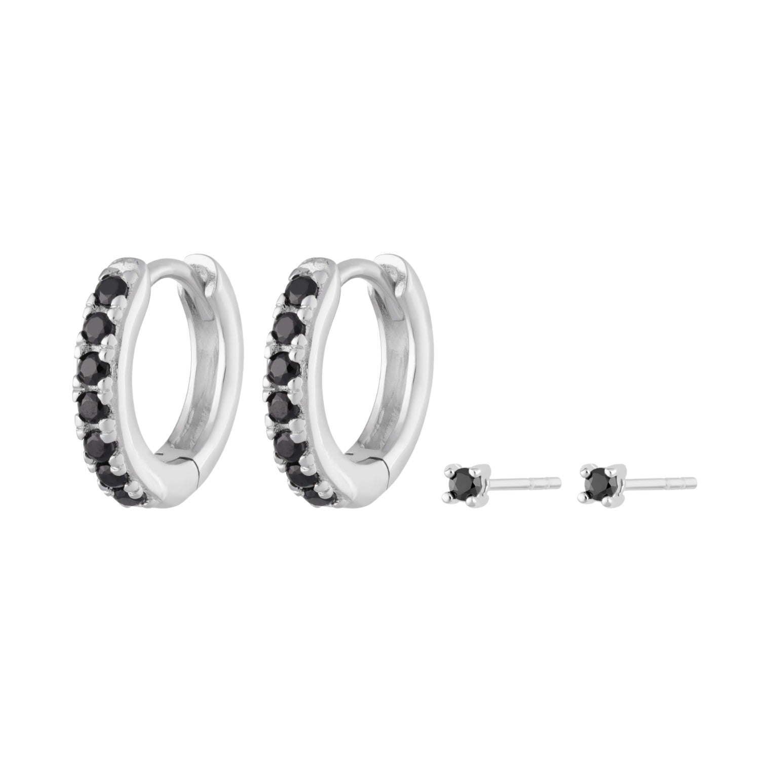 Silver Black Stone Huggie & Tiny Stud Set Of Earrings