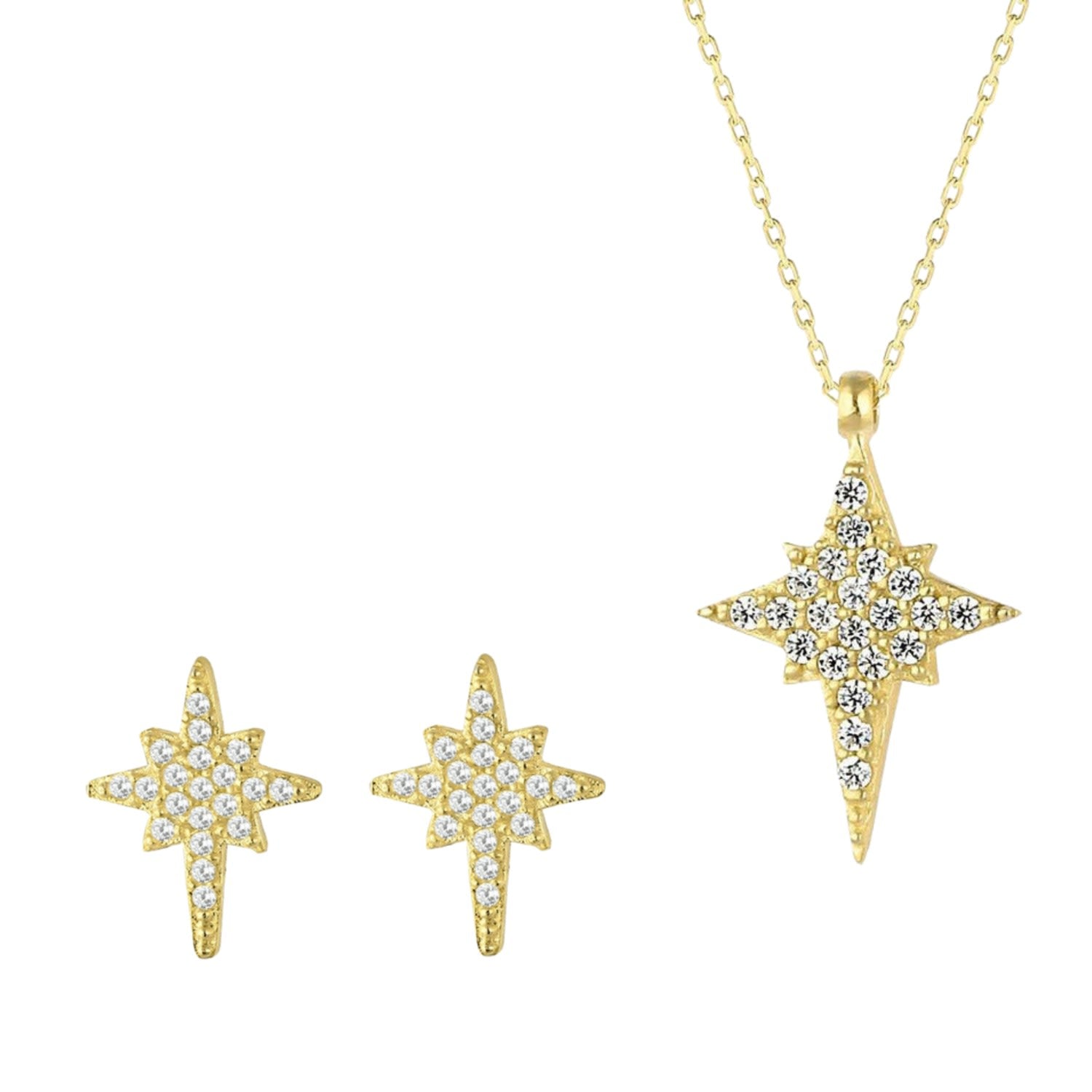 Northern Star Polaris Starburst Sterling Silver Necklace & Stud Earring Set - Gold