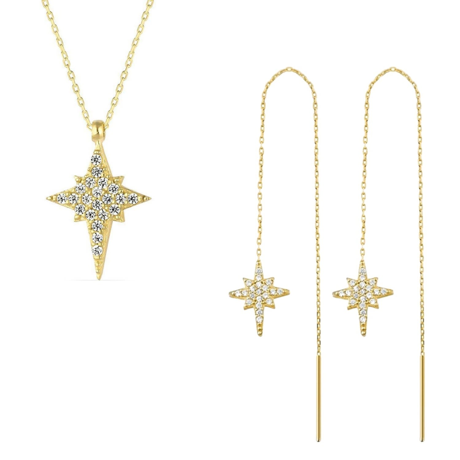 Northernstar Starburst Sterling Silver Chain Drop Chain Earrings & Necklace Set - Gold