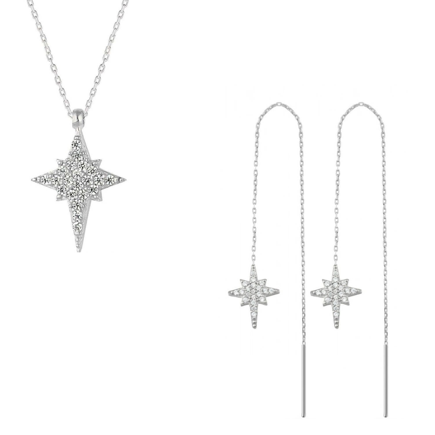 Northernstar Starburst Sterling Silver Chain Drop Chain Earrings & Necklace Set - Silver