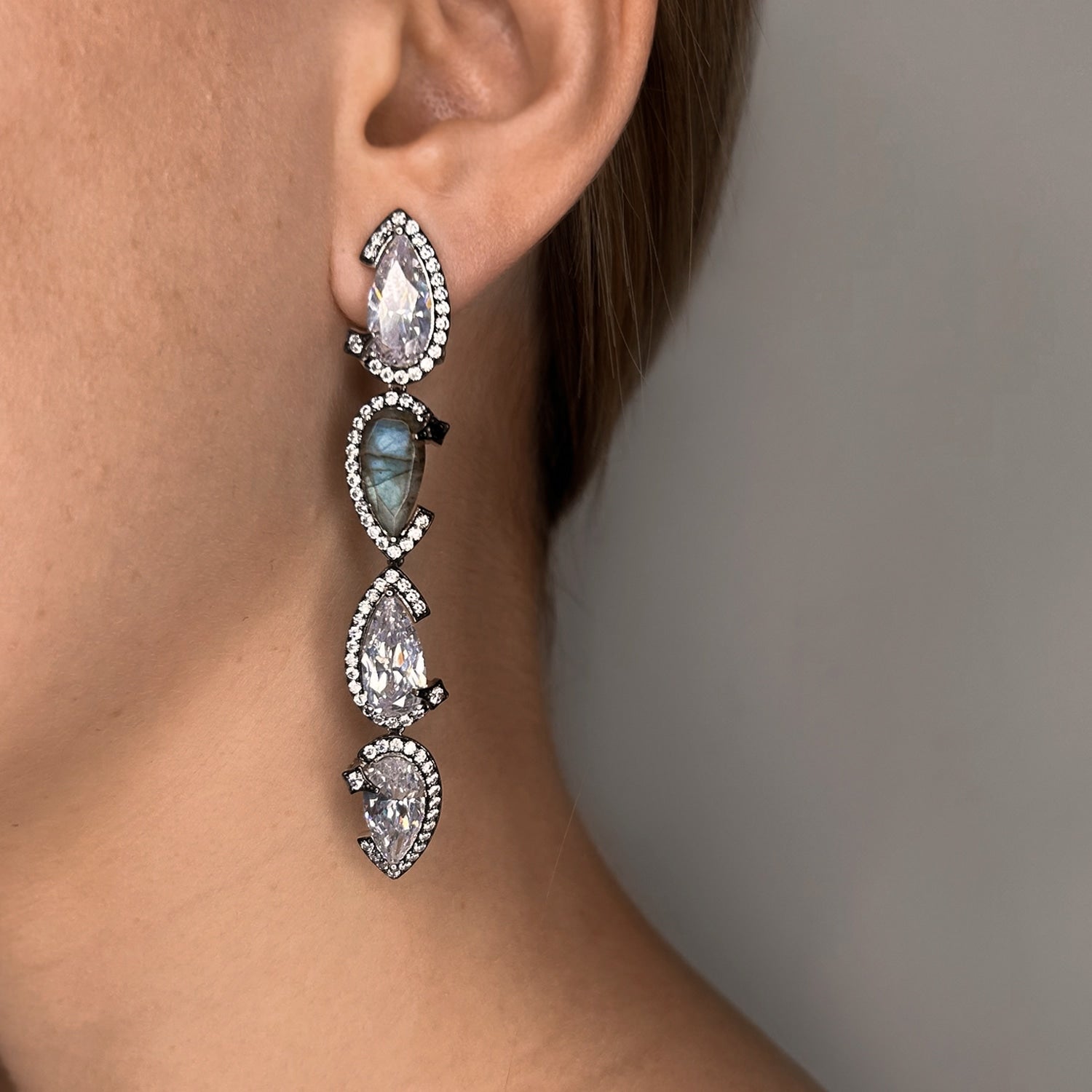 Nourish Drop Earrings With Natural Black Diamond & Man Made Cz Diamond Stimulant In Platinum