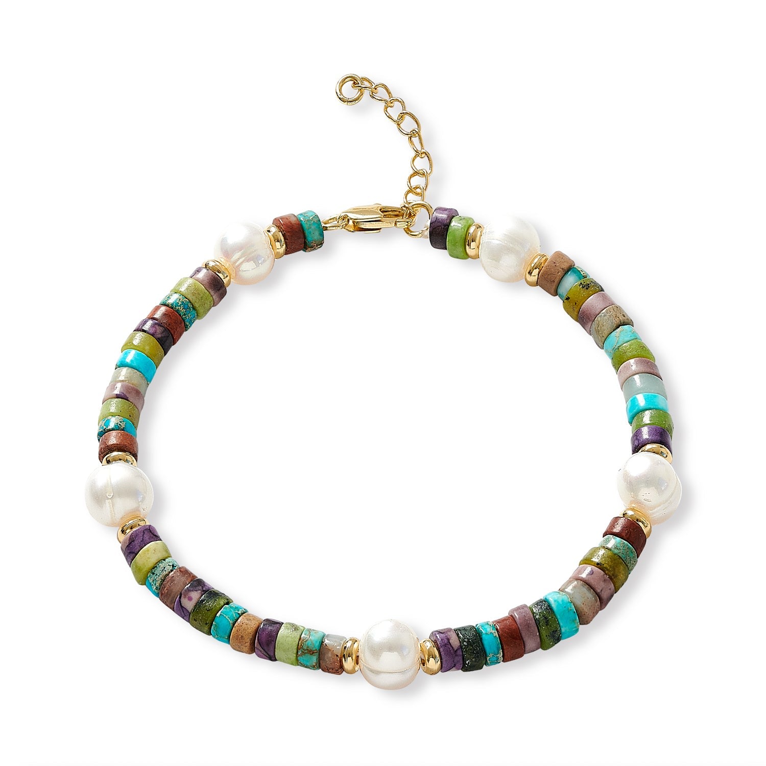 Nova Oval Cultured Freshwater Pearl Bracelet With Blue Mix Jasper & Gold Beads