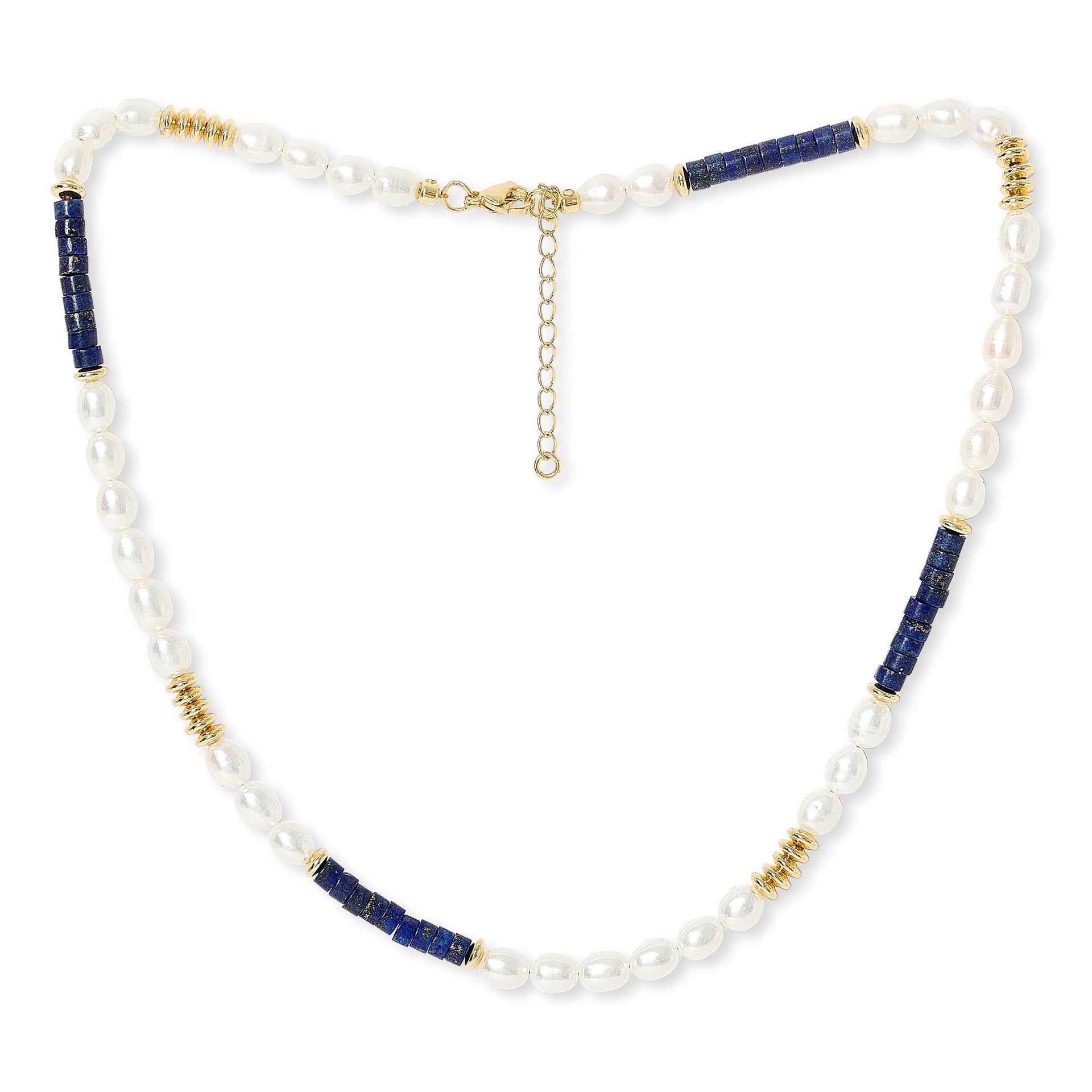 Nova Oval Cultured Freshwater Pearl Necklace With Lapis & Gold Beads