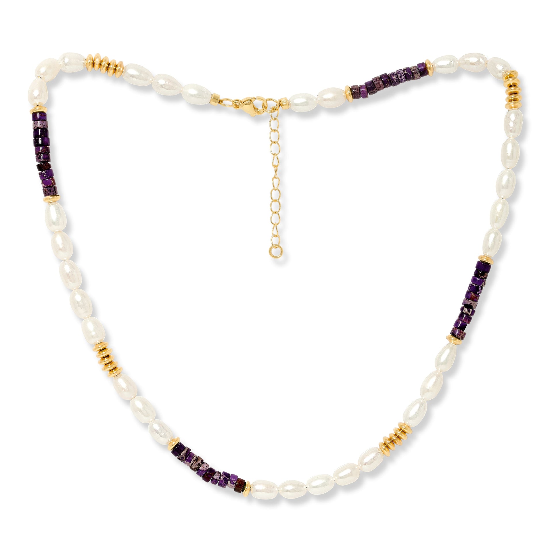 Nova Oval Cultured Freshwater Pearl Necklace With Purple Jasper & Gold Beads