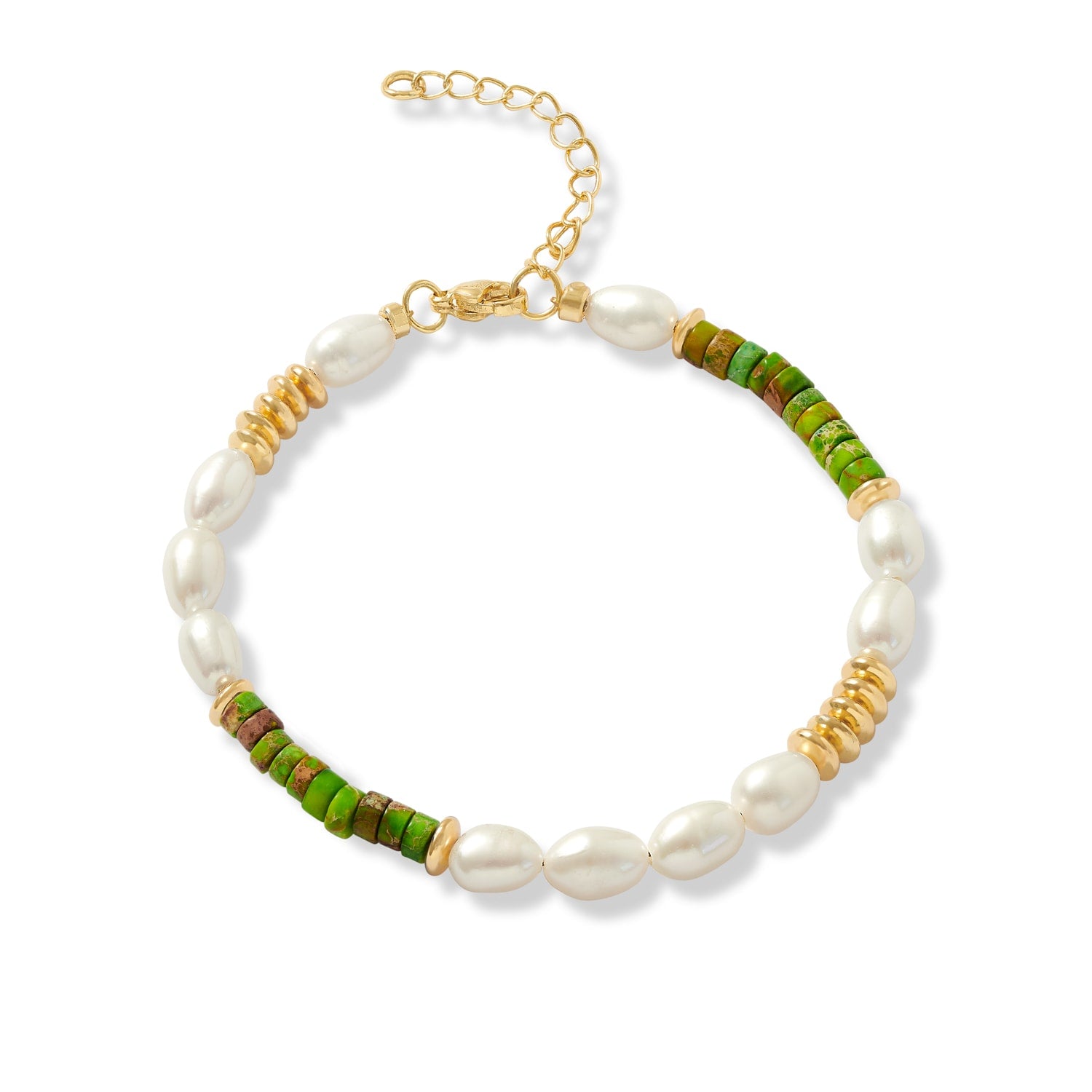 Nova Oval Cultured Freshwater Pearls Bracelet With Green Jasper & Gold Beads