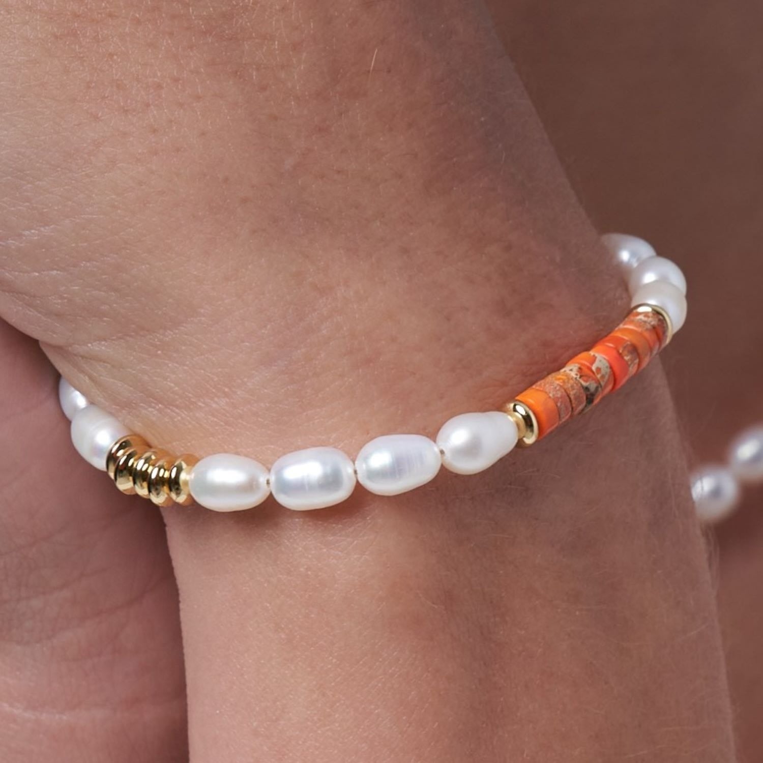 Nova Oval Cultured Freshwater Pearls Bracelet With Orange Jasper & Gold Beads