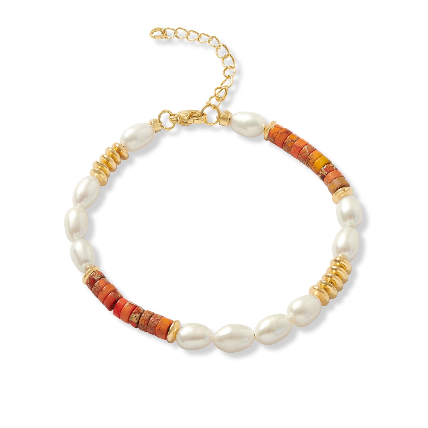 Nova Oval Cultured Freshwater Pearls Bracelet With Orange Jasper & Gold Beads