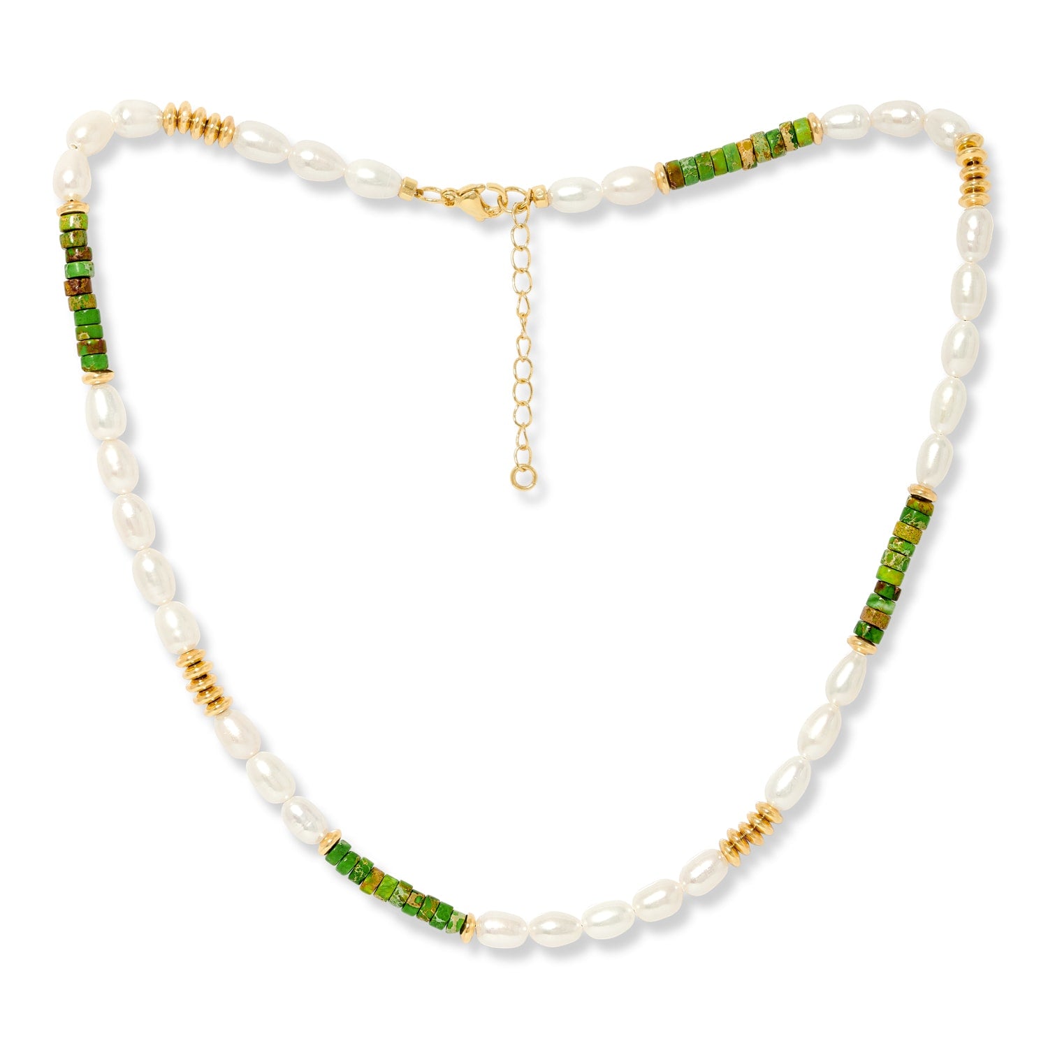 Nova Oval Cultured Freshwater Pearls Necklace With Green Jasper & Gold Beads