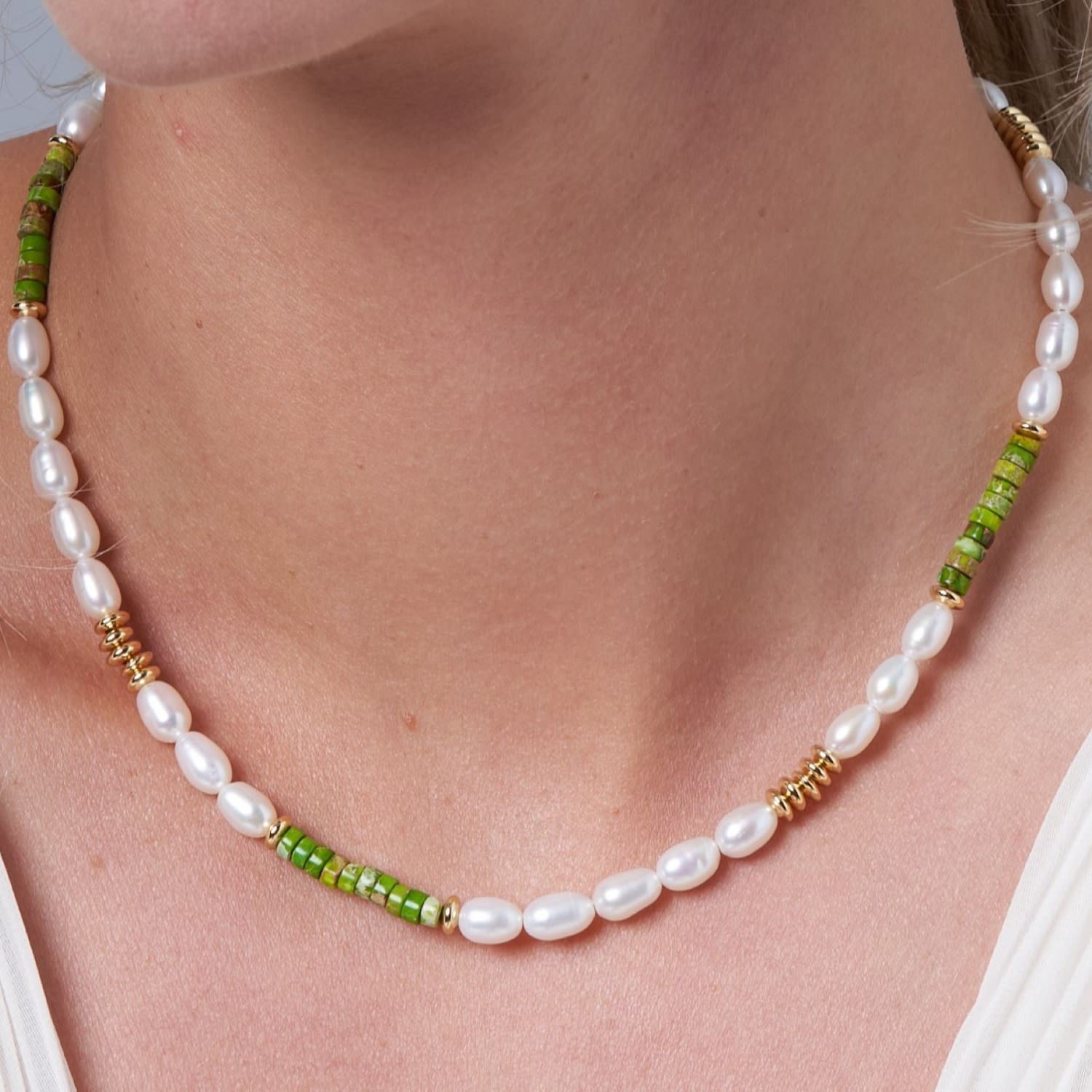 Nova Oval Cultured Freshwater Pearls Necklace With Green Jasper & Gold Beads