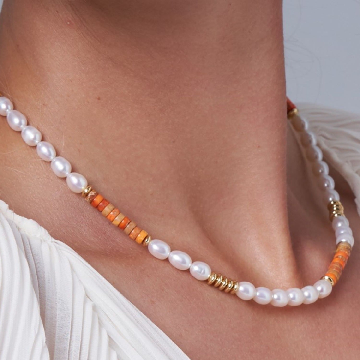 Nova Oval Cultured Freshwater Pearls Necklace With Orange Jasper & Gold Beads