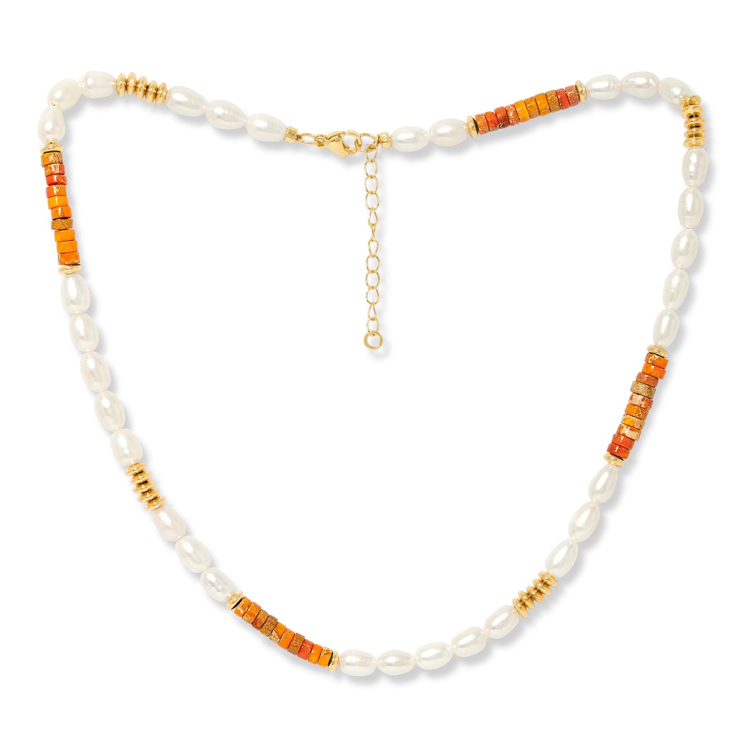 Nova Oval Cultured Freshwater Pearls Necklace With Orange Jasper & Gold Beads