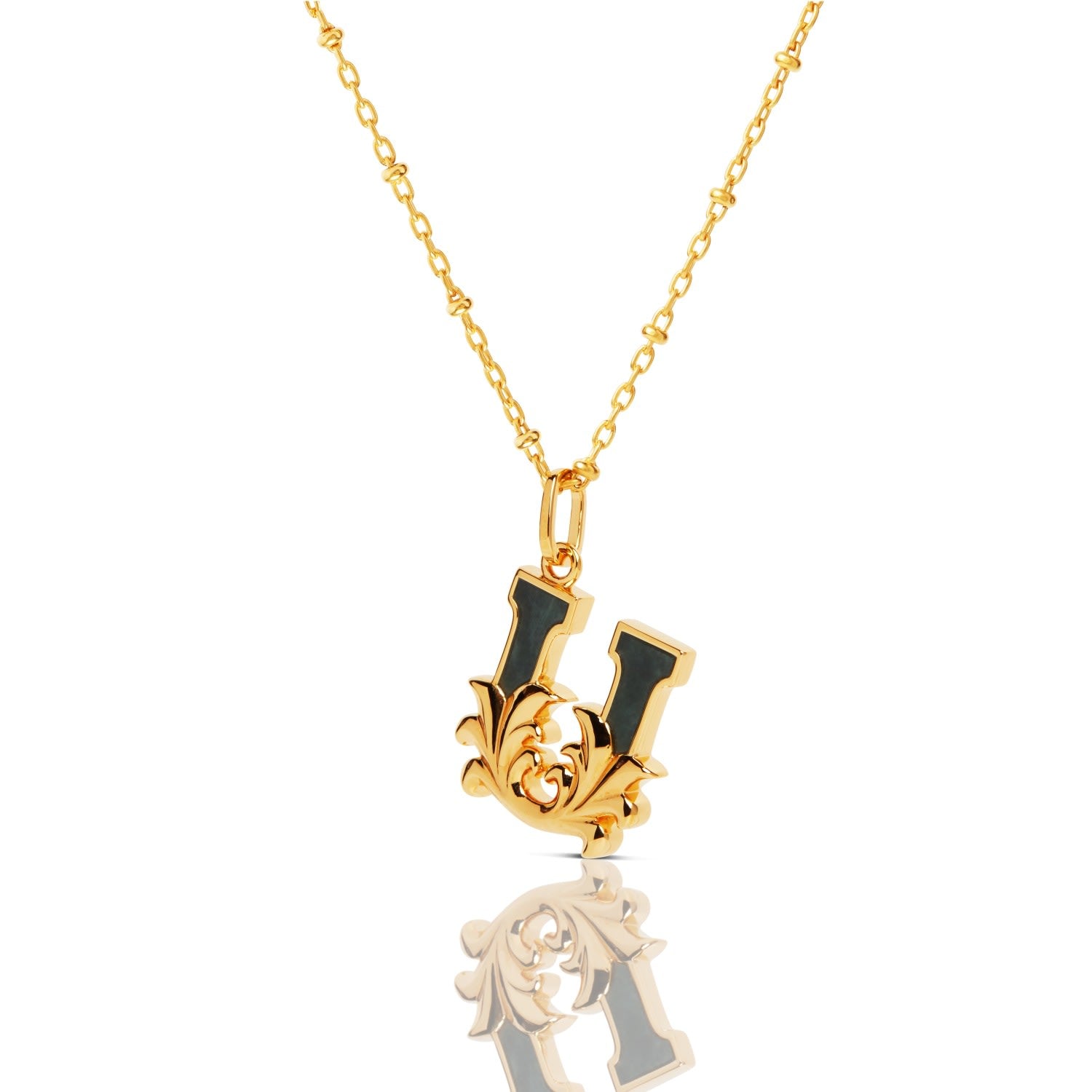 Gold Plated U Initial Necklace With Green Marble