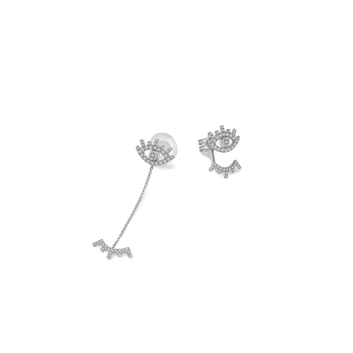 18K White Gold Evil Eye & Eyelash Diamond Chain Earring & Ear Jacket