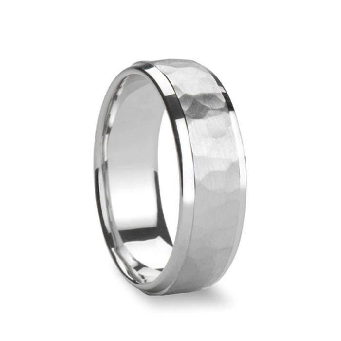 Hammered Finish Center 18K White Gold Wedding Ring with Beveled Edges by Novell - 4mm - 10mm