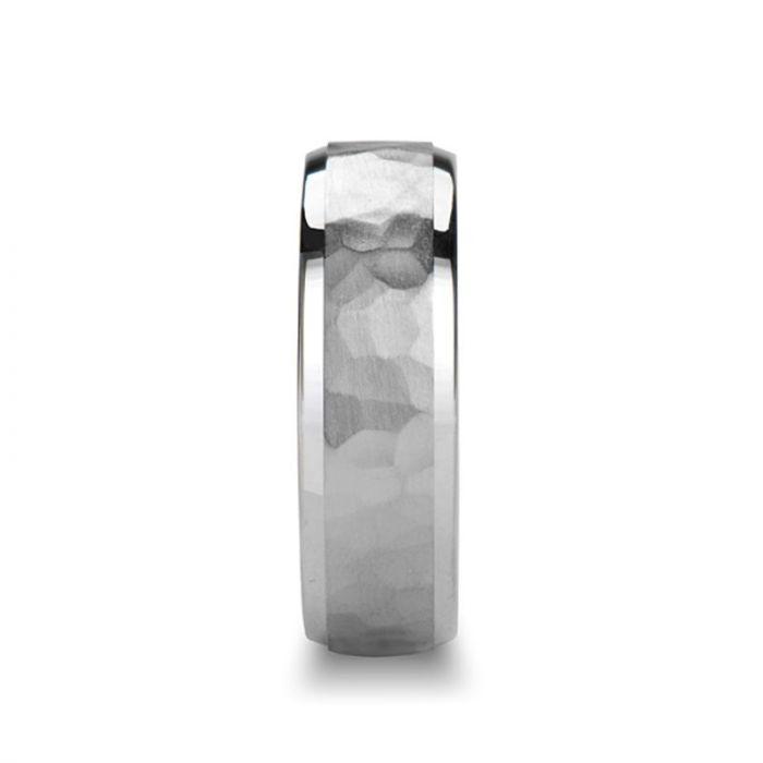 Hammered Finish Center 18K White Gold Wedding Ring with Beveled Edges by Novell - 4mm - 10mm