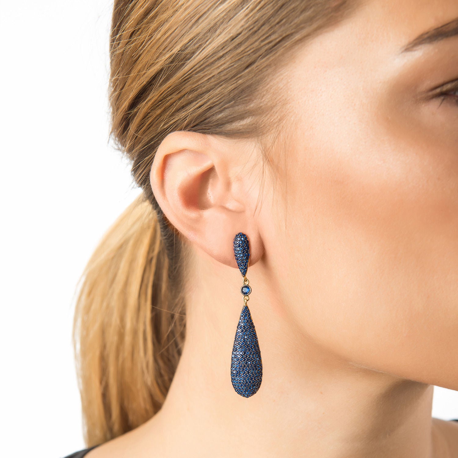 Coco's Long Drop Earrings Sapphire Blue Cz